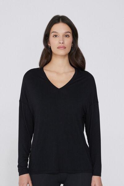 Black Long-Sleeved V-Neck Oversized T-Shirt, Black, large image number 1