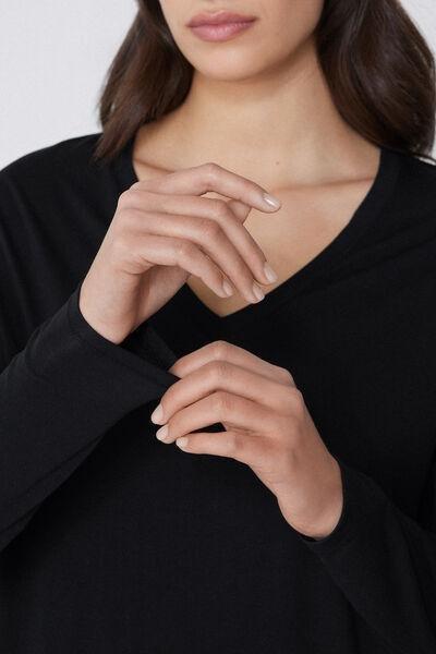 Black Long-Sleeved V-Neck Oversized T-Shirt, Black, large image number 3