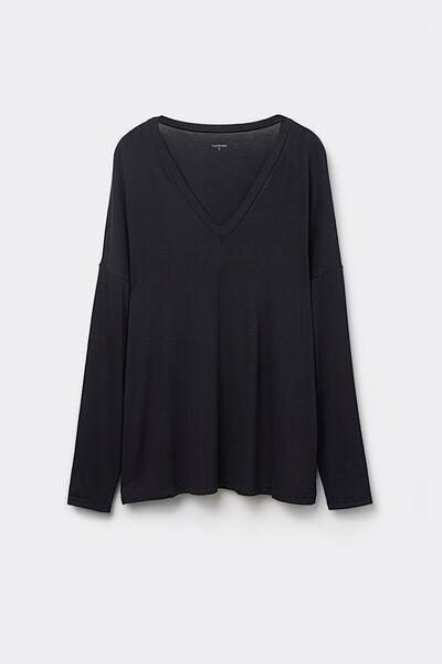 Black Long-Sleeved V-Neck Oversized T-Shirt, Black, large image number 4