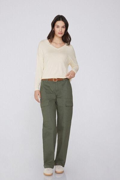 Cream Long-Sleeved V-Neck Oversized T-Shirt, , large image number 1
