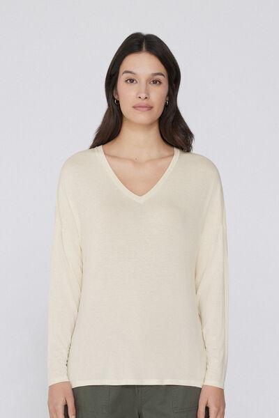 Cream Long-Sleeved V-Neck Oversized T-Shirt, Ivory Cream, large image number 1
