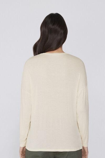 Cream Long-Sleeved V-Neck Oversized T-Shirt, , large image number 2