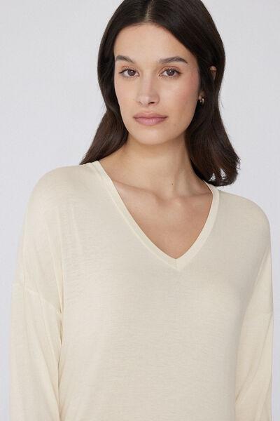 Cream Long-Sleeved V-Neck Oversized T-Shirt, , large image number 3