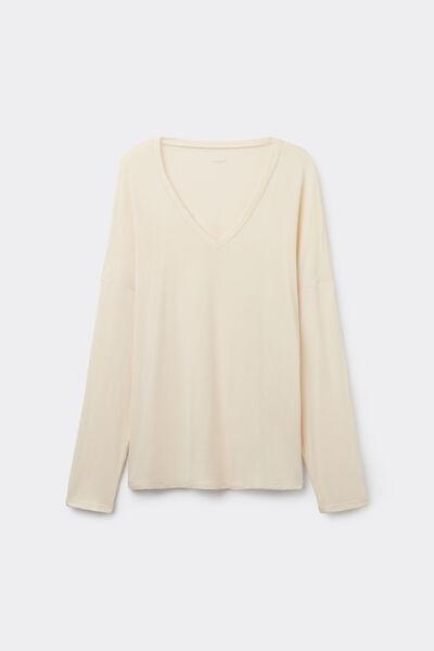 Cream Long-Sleeved V-Neck Oversized T-Shirt, , large image number 4