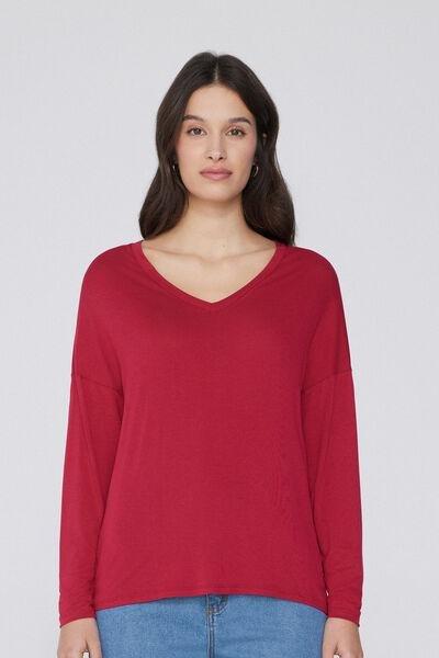 Red Long-Sleeved Oversized V-Neck T-Shirt, , medium