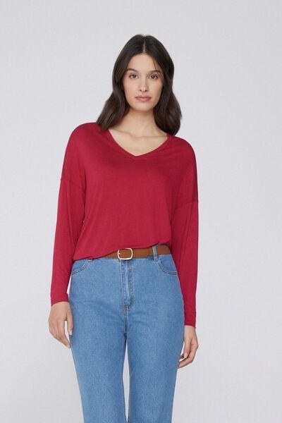 Red Long-Sleeved Oversized V-Neck T-Shirt, , large image number 1