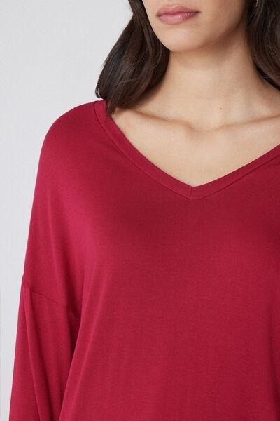 Red Long-Sleeved Oversized V-Neck T-Shirt, , large image number 3