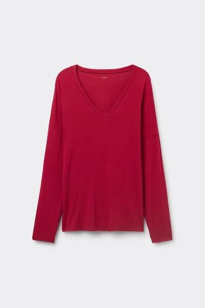 Red Long-Sleeved Oversized V-Neck T-Shirt, , large image number 4