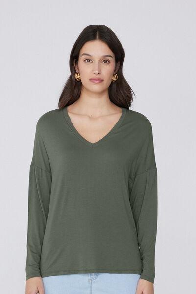 Green Long-Sleeved V-Neck Oversized T-Shirt, , large image number 0