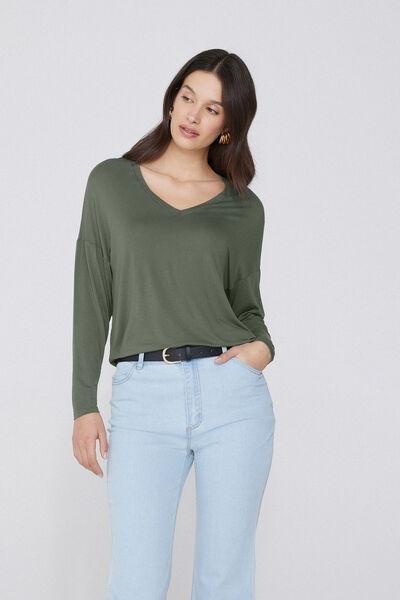 Green Long-Sleeved V-Neck Oversized T-Shirt, , large image number 1