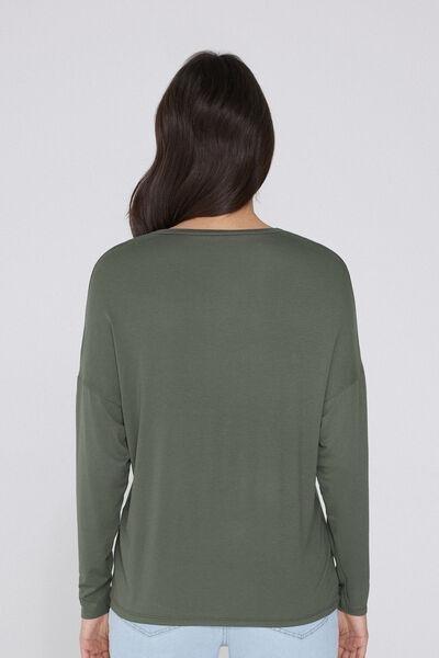 Green Long-Sleeved V-Neck Oversized T-Shirt, , large image number 2