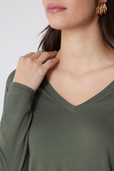 Green Long-Sleeved V-Neck Oversized T-Shirt, , large image number 3