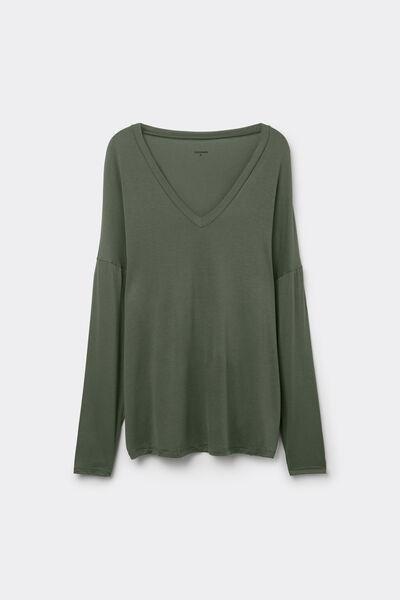 Green Long-Sleeved V-Neck Oversized T-Shirt, , large image number 4