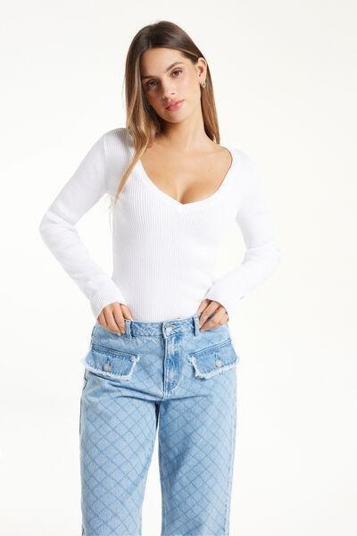 White Ribbed V-Neck Top, White, large image number 0