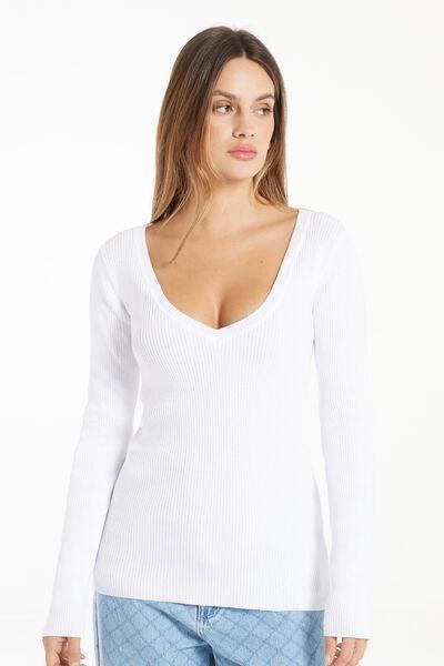 White Ribbed V-Neck Top, White, large image number 1