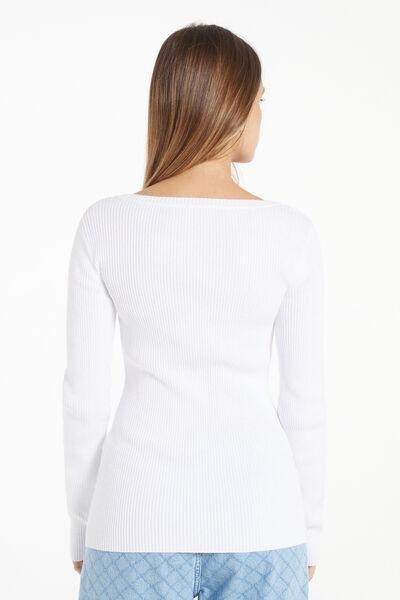 White Ribbed V-Neck Top, White, large image number 2