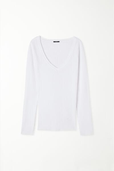 White Ribbed V-Neck Top, White, large image number 4