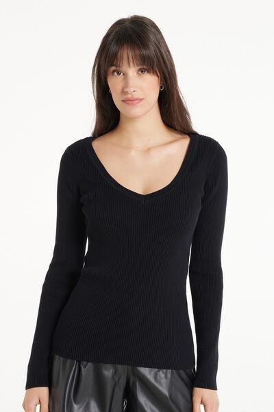 Black Long Sleeved Ribbed V-Neck Top, Black, large image number 1