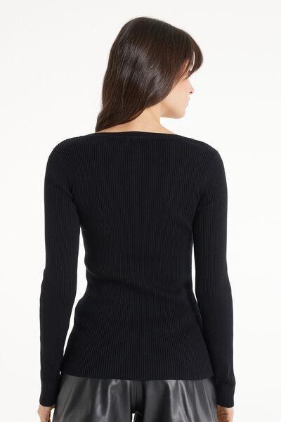 Black Long Sleeved Ribbed V-Neck Top, Black, large image number 2