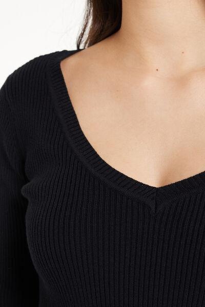 Black Long Sleeved Ribbed V-Neck Top, Black, large image number 3