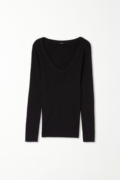 Black Long Sleeved Ribbed V-Neck Top, Black, large image number 4
