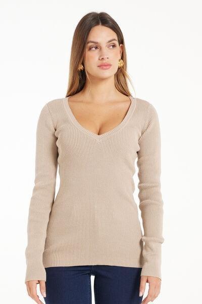 Beige Long Sleeved Ribbed V-Neck Top, 5701_304W, large image number 1