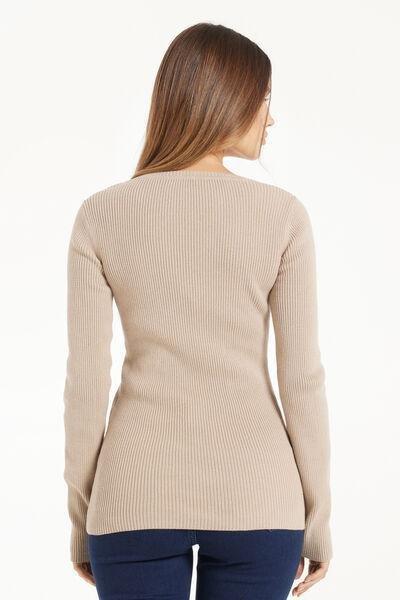 Beige Long Sleeved Ribbed V-Neck Top, 5701_304W, large image number 2