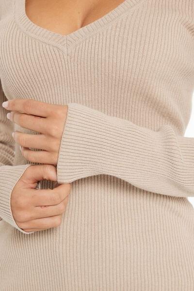 Beige Long Sleeved Ribbed V-Neck Top, 5701_304W, large image number 3
