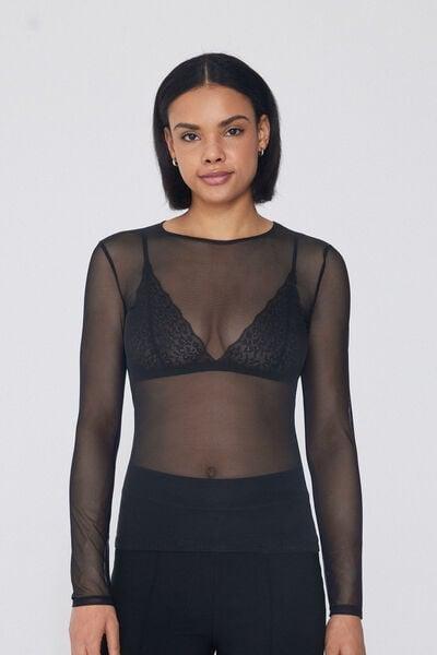 Black Crew Neck Tulle Sweater, Black, large image number 0