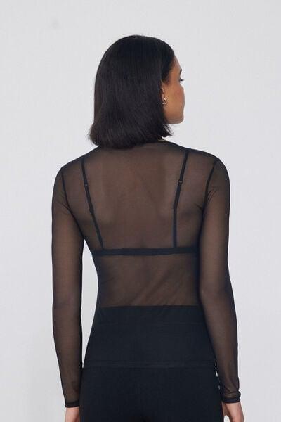 Black Crew Neck Tulle Sweater, Black, large image number 1