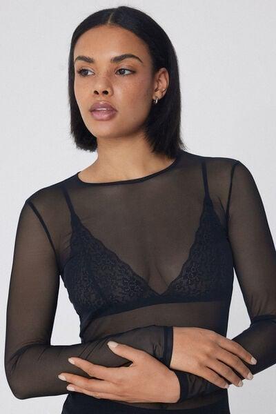 Black Crew Neck Tulle Sweater, Black, large image number 2