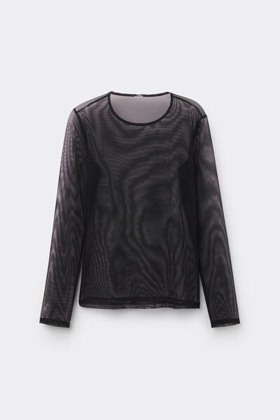 Black Crew Neck Tulle Sweater, Black, large image number 3