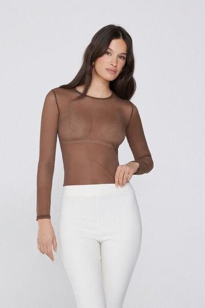 Brown Crew Neck Tulle Cotton Sweater, 5701_304Y, large image number 0