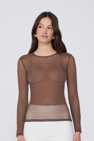 Brown Crew Neck Tulle Cotton Sweater, 5701_304Y, large image number 1