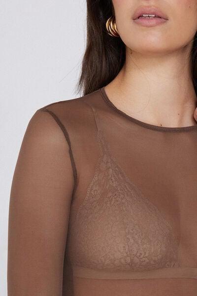 Brown Crew Neck Tulle Cotton Sweater, 5701_304Y, large image number 3