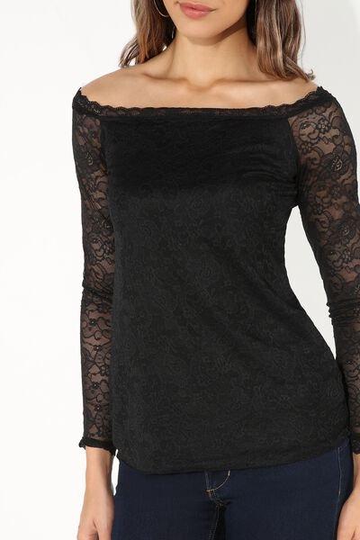 Black Off-The-Shoulder Lace Shirt, Black, large image number 3