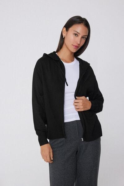 Black Long Sleeve Wool Hooded Sweatshirt, Black, large image number 0