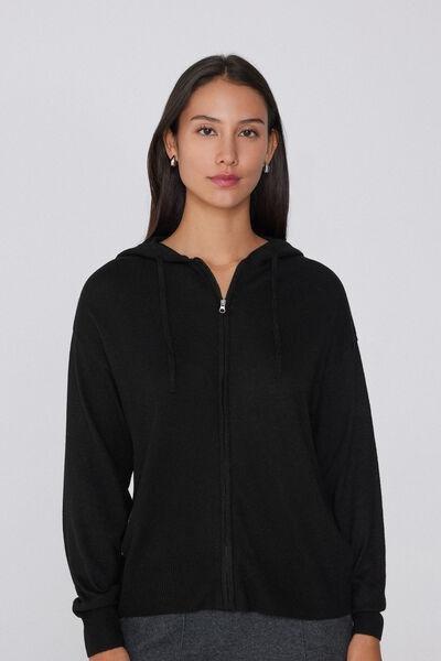Black Long Sleeve Wool Hooded Sweatshirt, Black, large image number 1