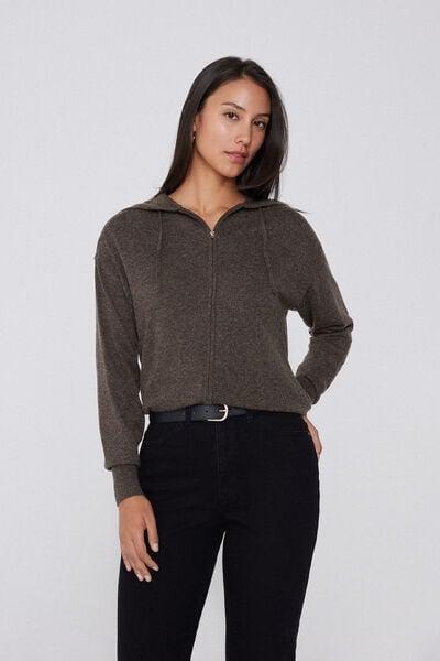 Brown Long Sleeve Wool Hooded Sweatshirt, 5701_914Y, large image number 0