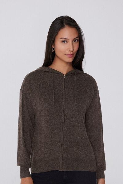 Brown Long Sleeve Wool Hooded Sweatshirt, 5701_914Y, large image number 1