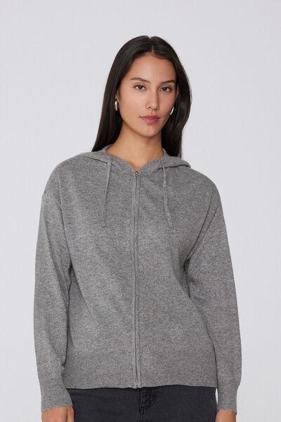 Grey Long Sleeve Wool Hooded Sweatshirt, 5701_929V, large image number 0