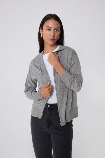 Grey Long Sleeve Wool Hooded Sweatshirt, 5701_929V, large image number 1