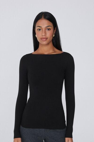 Black Silk Touch Long Sleeve Cotton Top, Black, large image number 0