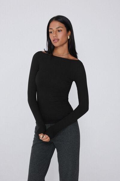 Black Silk Touch Long Sleeve Cotton Top, Black, large image number 1