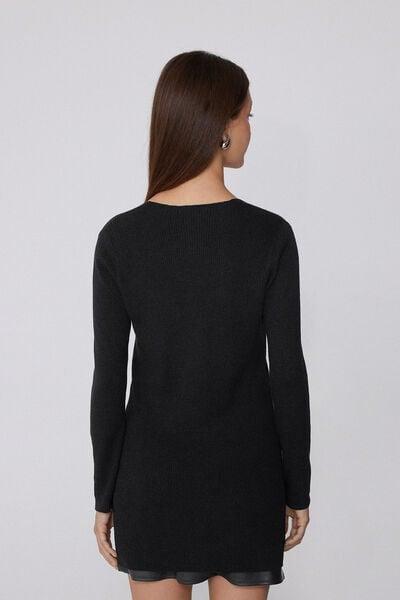 Black Long Thick Ribbed V-Neck Wool Cardigan, Black, large image number 1