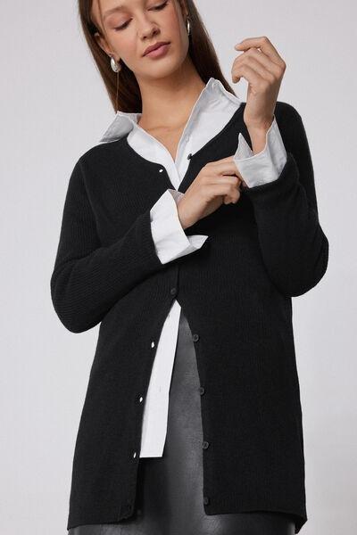 Black Long Thick Ribbed V-Neck Wool Cardigan, Black, large image number 2