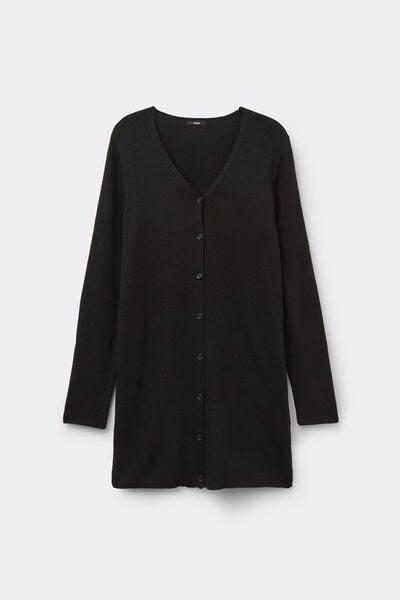 Black Long Thick Ribbed V-Neck Wool Cardigan, Black, large image number 3