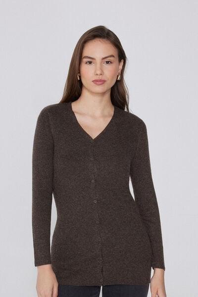 Brown Long Thick Ribbed V-Neck Wool Cardigan, 5701_914Y, medium