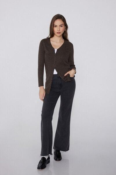Brown Long Thick Ribbed V-Neck Wool Cardigan, 5701_914Y, large image number 1