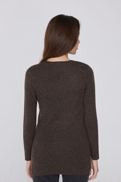 Brown Long Thick Ribbed V-Neck Wool Cardigan, 5701_914Y, large image number 2